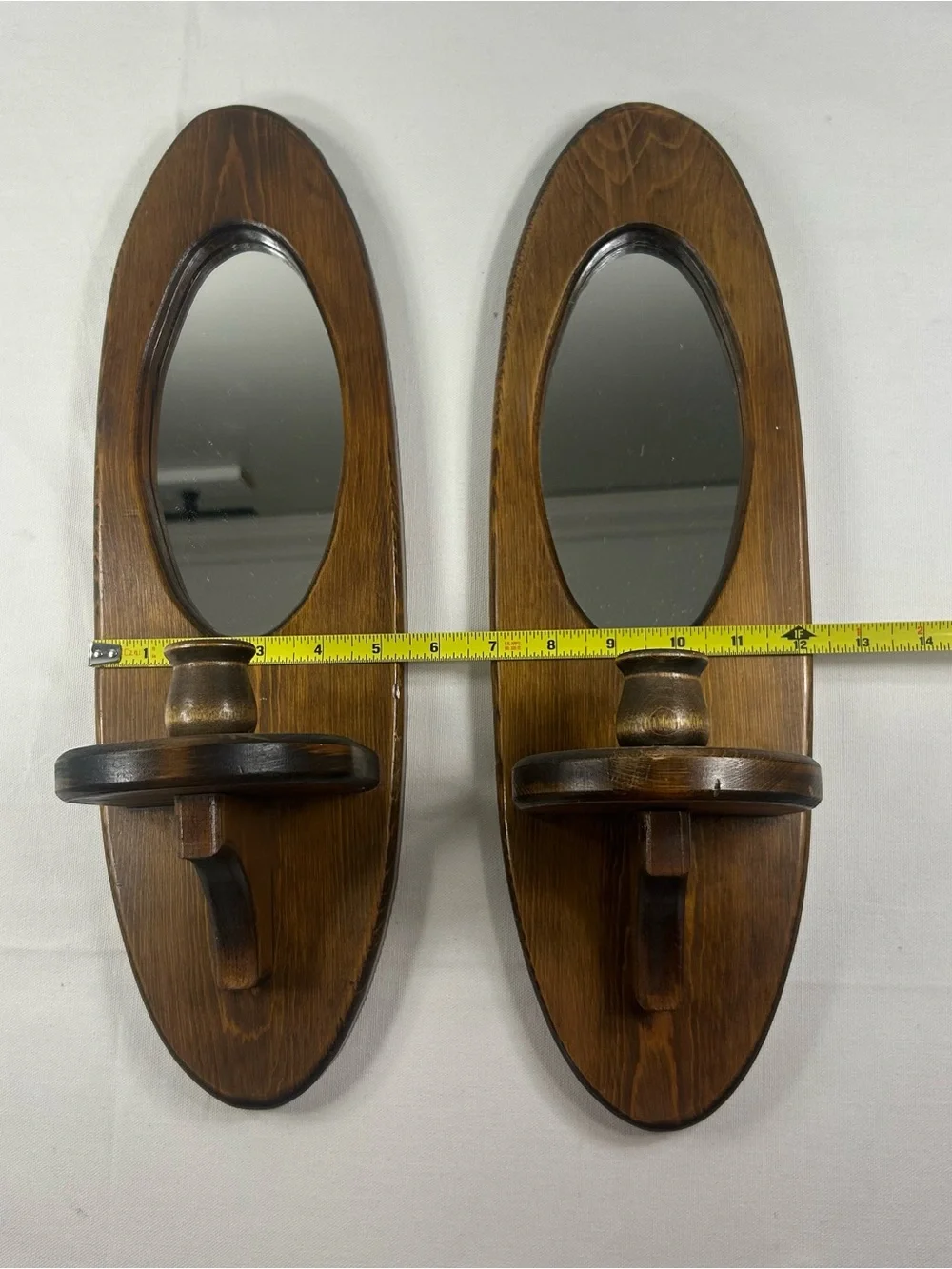 Vintage Wood & Mirrored Wall Candle Sconces Colonial Oval Cottagecore 18” x 5.5”